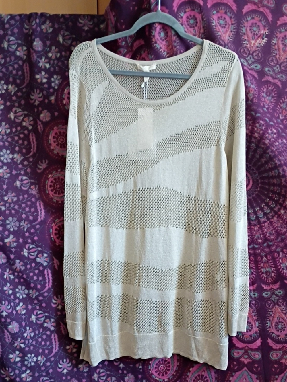 Eileen Fisher Organic Linen Metallic Gold Crochet Knit Tunic Sweater sz M